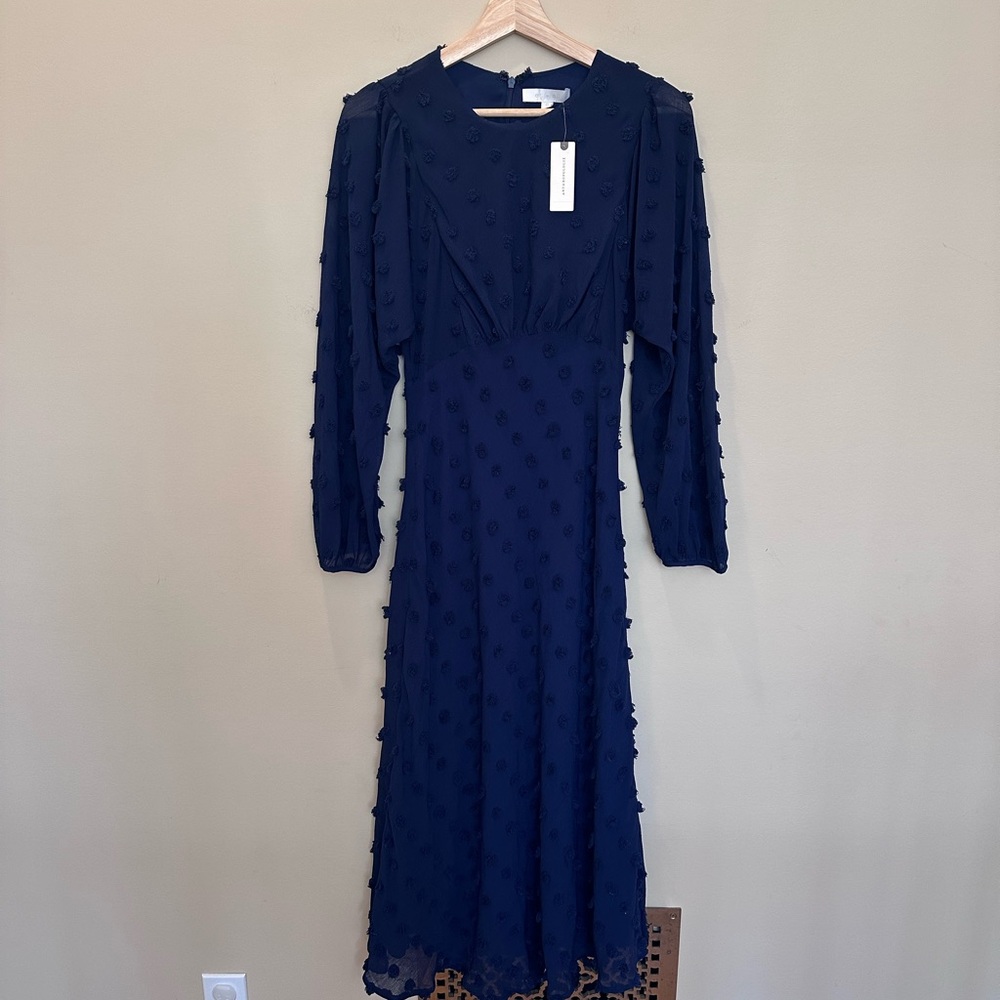 Anthropologie Navy Long Sleeve Midi Dress with Textured Dots